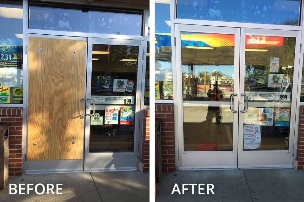 This local gas station had their front glass door shattered, so they had us install a new pane of glass in its place.